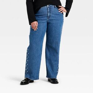 Open Box - Ava & Viv - Women's Straight Leg Embellished Jeans  Medium Wash